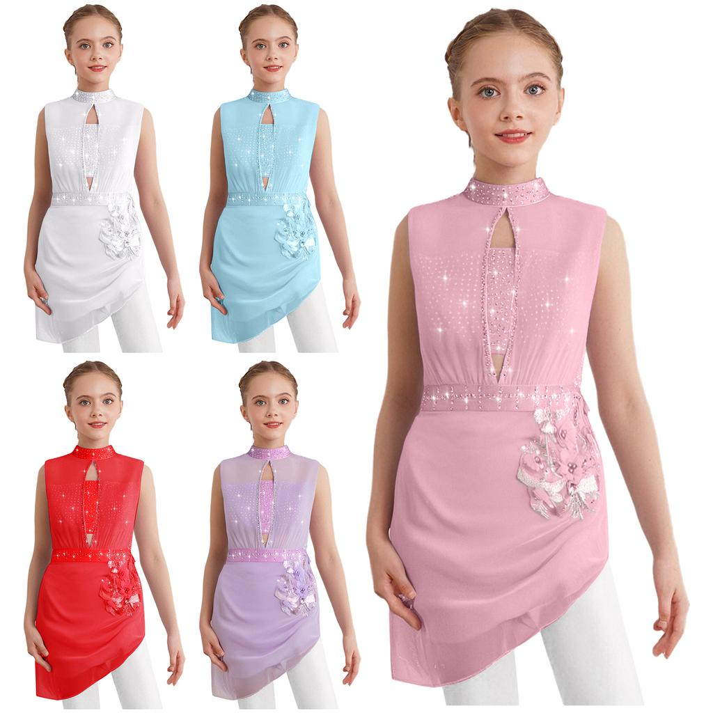 Girls Dance Costume Sleeveless Backless Design Sheer Mesh Overlay Sparkle Rhinestone Asymmetrical Skating Dress