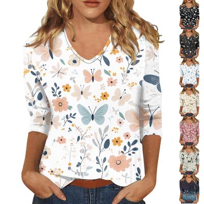 Женские топы, рубашка с рукавом три четверти, свободная повседневная рубашка с V-образным вырезом, футболка с цветочным принтом