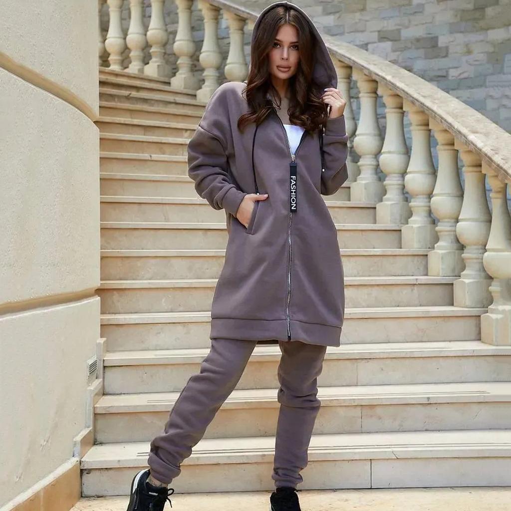 Женский модный двухпредметный повседневный комплект из однотонной толстовки с длинными рукавами и брюк
