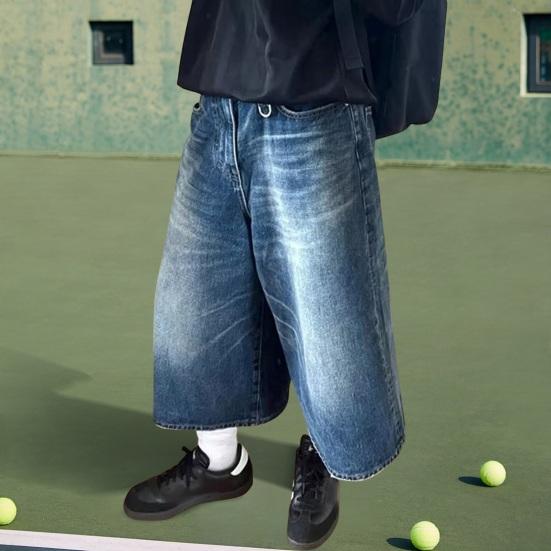 Мужские и женские джинсовые шорты со средней посадкой на пуговицах и молнии с широкими штанинами, тонкие потертые джинсовые брюки, однотонные короткие джинсы в стиле ретро