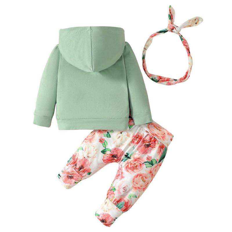 Комплект из трех предметов с капюшоном и длинными рукавами и цветочным принтом для маленьких девочек, брюки и повязка на голову