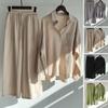 2 Pcs/Set Fall Spring Women Shirt Pants Set Long Sleeves Lapel Button-down Blouse with Chest Pocket Elastic Waist Trousers OL Commuting Pantsuit