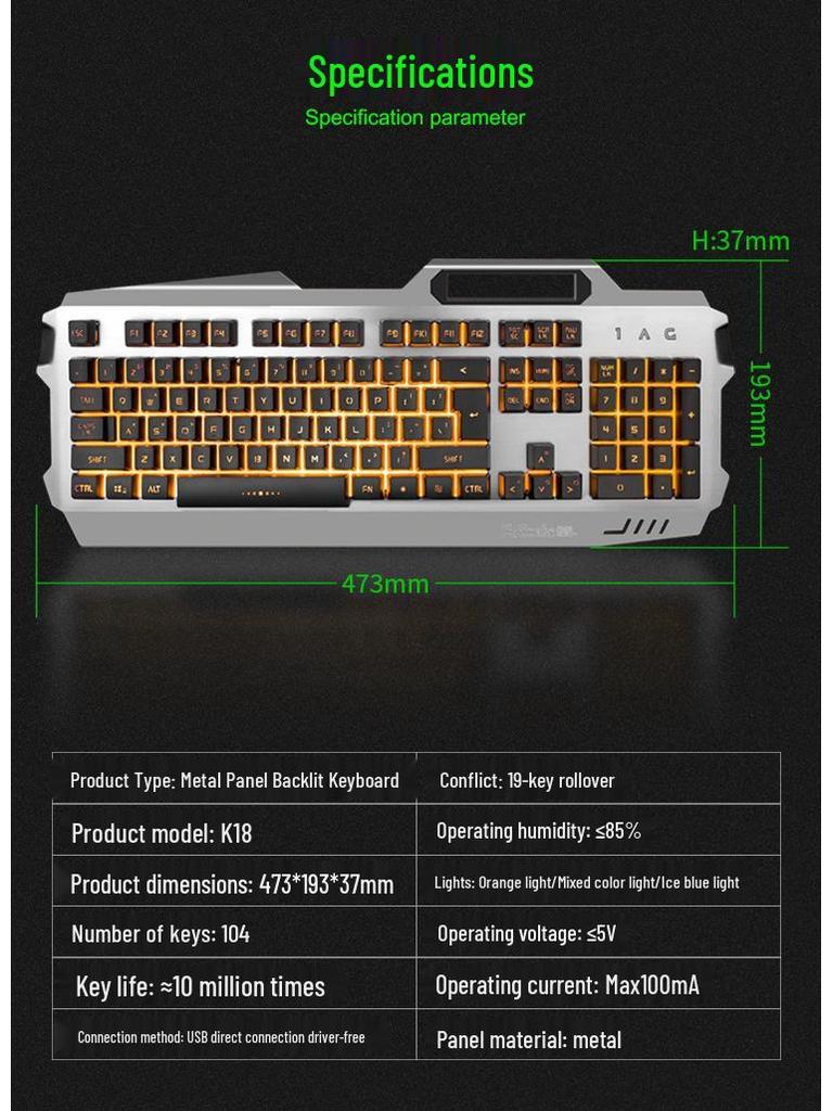 Viper K18 Luminous Metal Wired Gaming Keyboard