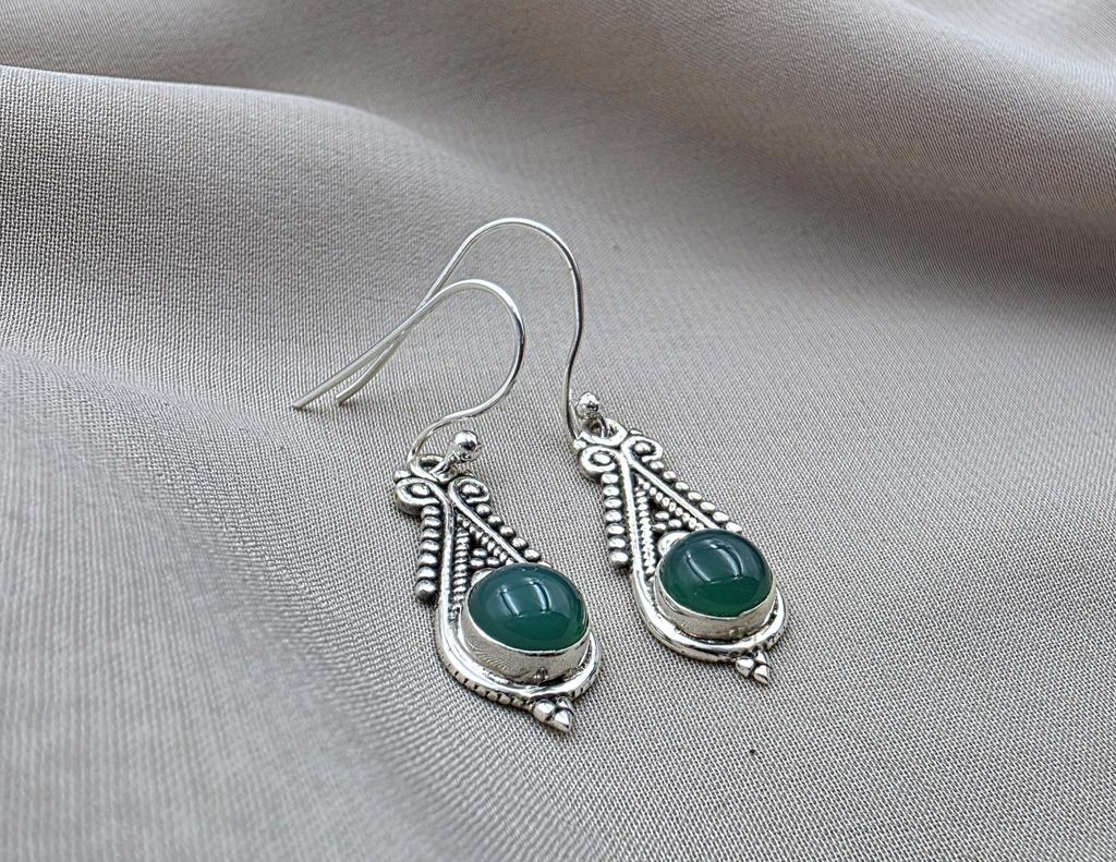 925 Sterling Silver Green Onyx Dangle Earrings: Boho Jewelry