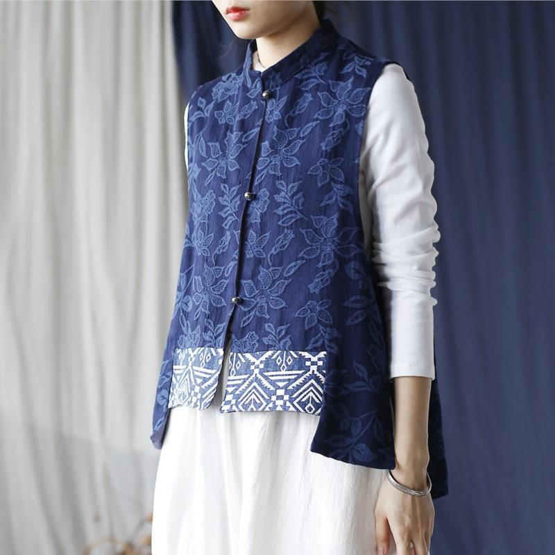Johnature Женские винтажные жаккардовые темно-синие пуговицы в китайском стиле, осенние жилеты