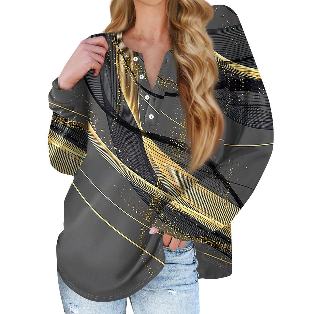 Women's New Button Collar Fashion Printed Long Sleeves T-Shirt Slim Top Casual Tops