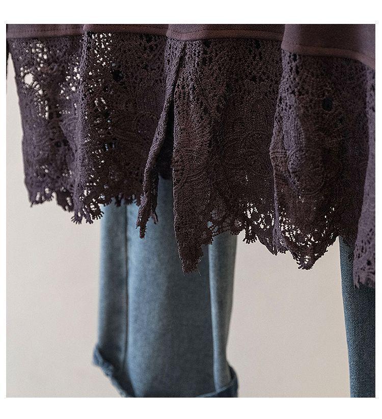 Женский топ большого размера из немецкого бархата с кружевом, длинный рукав, высокий воротник - Стройнящая осенне-зимняя верхняя одежда