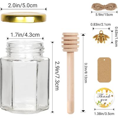Мини-баночки для меда 3 унции с ложкой-палочкой, стеклянная шестигранная баночка для меда для детского праздника, пустые стеклянные баночки для свадебных сувениров и вечеринок