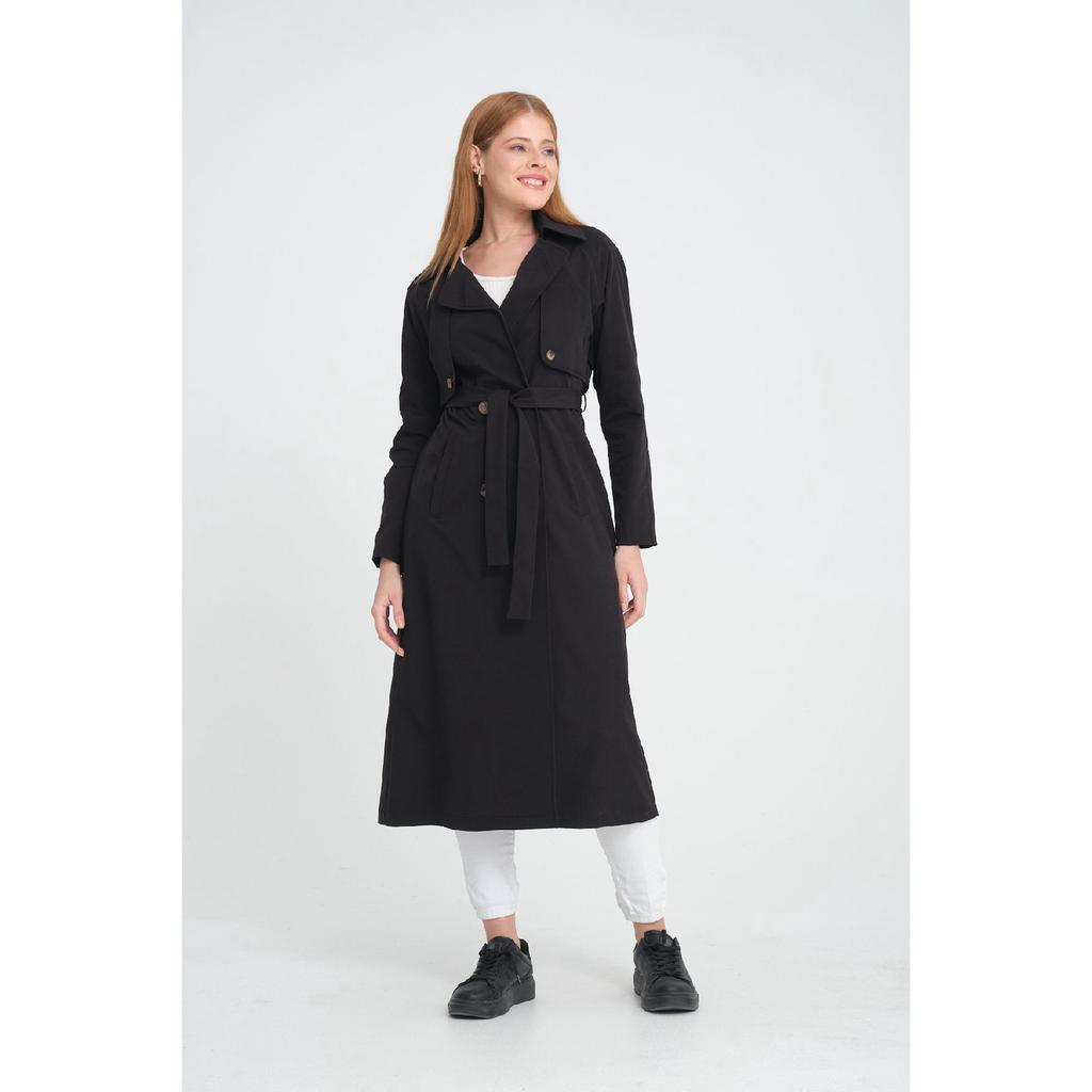 Двубортный тренч средней длины с рукавами реглан (120 см) Темно-бежевый 7558