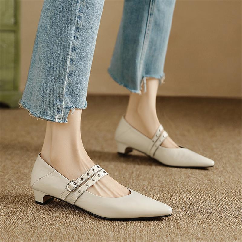 Fashion New Spring/summer Mary Jane Shoes Genuine Leather Shoes for Women Fashion Rivet Low Heels Pointed Toe Women Pumps Chunky Heels
