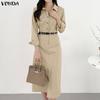 Elegant Women Casual Turn Down Collar Long Sleeve Long Dress No Belt