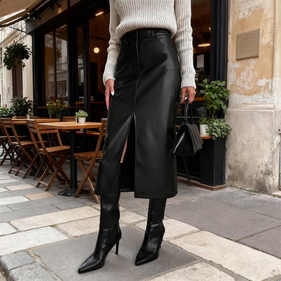 Осенне-зимняя ретро юбка из искусственной кожи, юбка с высокой талией и боковыми разрезами, однотонная ветрозащитная юбка миди
