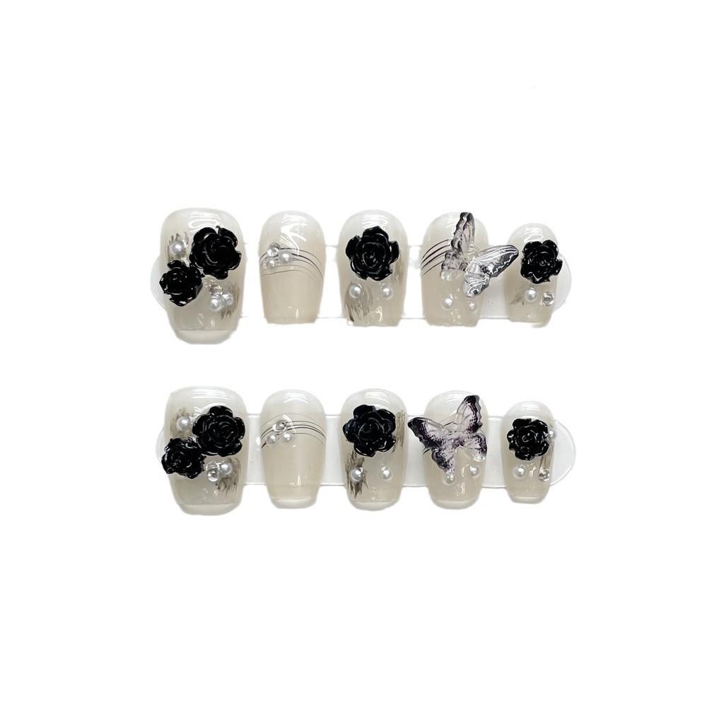 100% HANDMADE Trapezoid Coffin Shape Artificial Nail Art Black Butterfly Camellia Nude Phototherapy Nails Reusable Nails