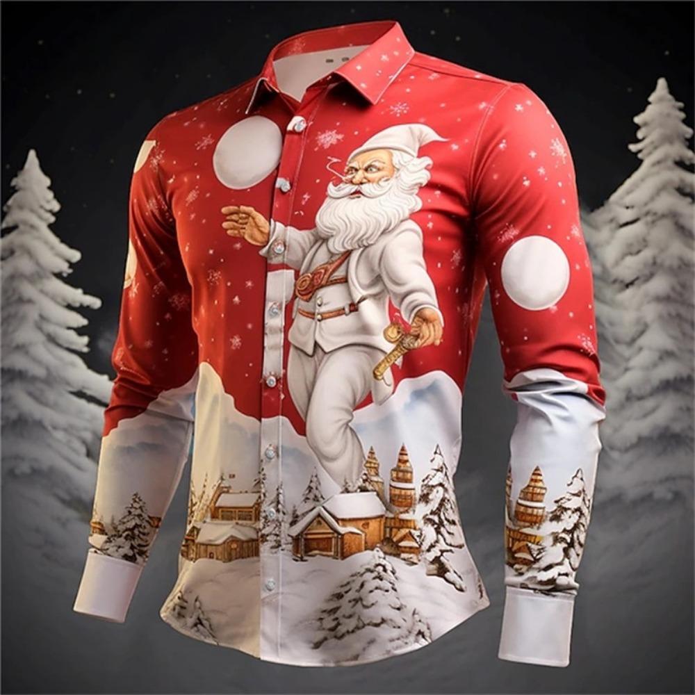 Men Button‑up Long Sleeve Shirt Festive Christmas‑snow‑village Art Motif Turn‑down Collar Year‑end Theme‑party Gathering Outfit