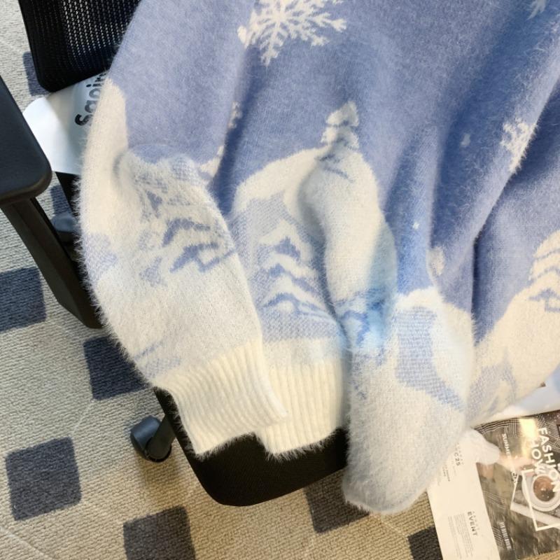 Winter New Cute Print Loose Christmas Pullovers Sweater Women Tops O Neck Long Sleeve Vintage Knitted Sweater Woman Casual Fashion Lady Jumpers 25513