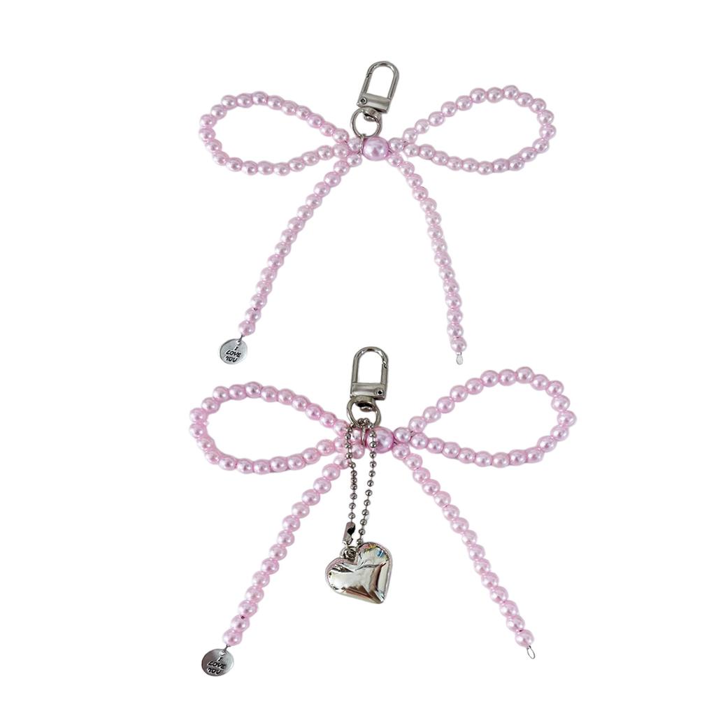 Sweet Pearls Bowknot Keychain Charm Pendant Handmade Heart Keyring for Women Fashionable Backpack Jewelry Ornament