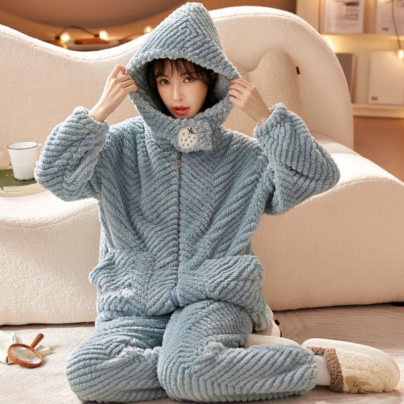 Пижама женская осень/зима фланелевая флисовая плотная ночная рубашка длинная милая коралловая флисовая домашняя одежда комплект можно носить на улице удобно