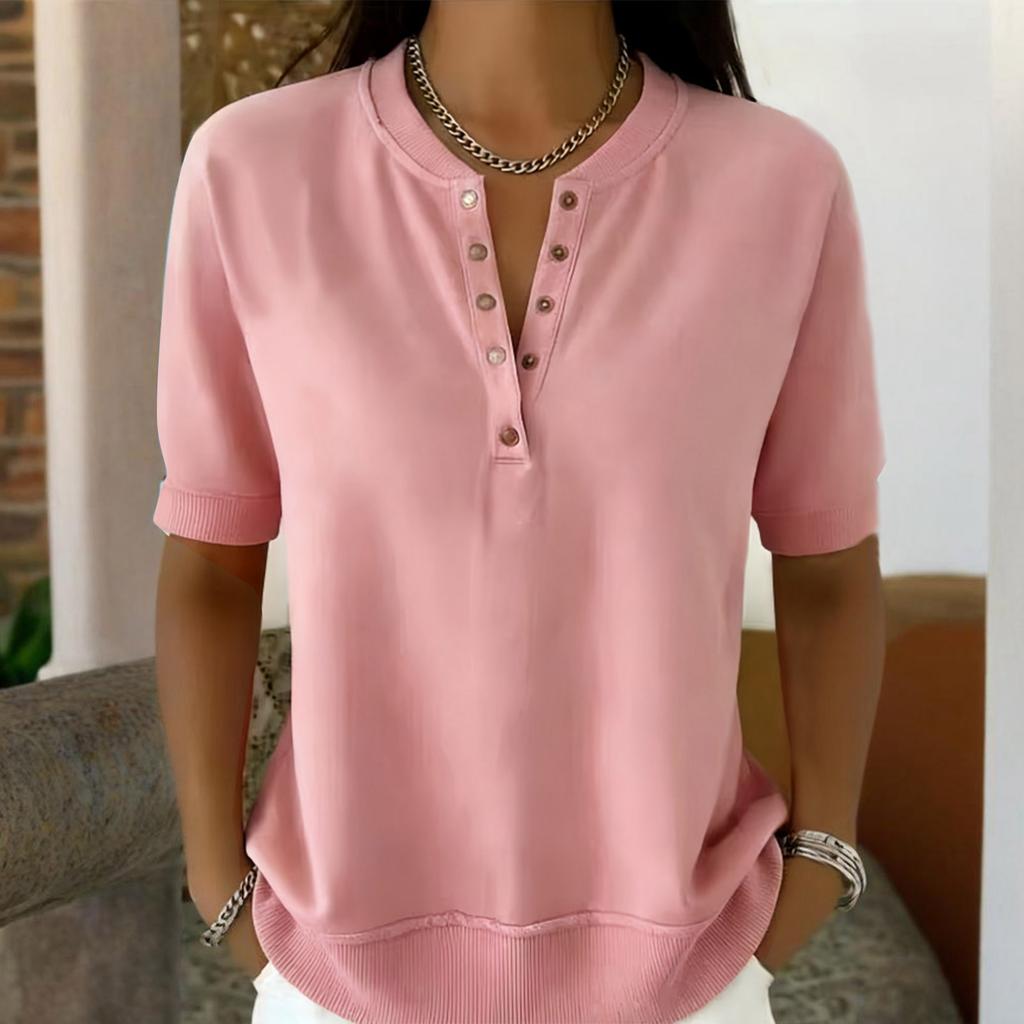 Женский топ-henley с коротким рукавом и V-образным вырезом, повседневный, свободного кроя, вязаный пуловер, легкая блузка для повседневной офисной носки
