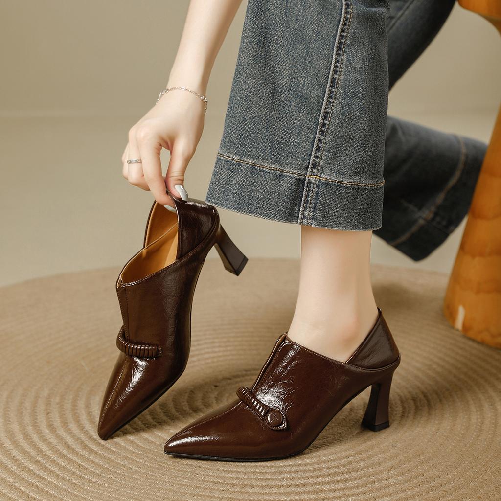 Pointed Deep Mouth Single Shoes Women's 2025 Autumn and Winter New One-pedal Versatile Comfortable Soft Leather Work Commuter High Heels
