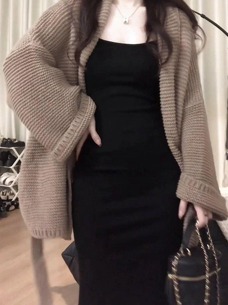 French Style Loose-Fit Medium-Length Knitted Cardigan Women's Soft Supple Sweater Jacket Sensible Design For Autumn Winter