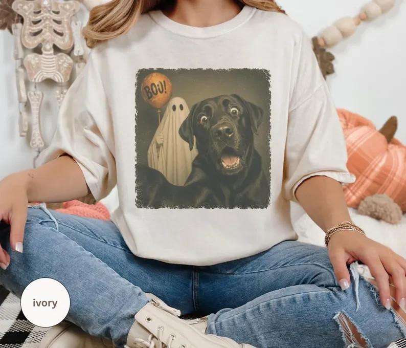 Black Labrador Halloween Shirt | Ghost Selfie Dog Tee | Vintage Spooky Graphic