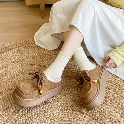 Туфли-полусапожки с толстой подошвой, женские, 2025, осень, новая коллекция, корейская версия, на шнуровке, для улицы, в этническом стиле, повседневные тапочки