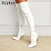 Eilyken Sexy Patent Leather Over The Knee Boots Fashion Pointed Toe Zip Women Nightclub Party Stiletto Heels Long Booties Shoes