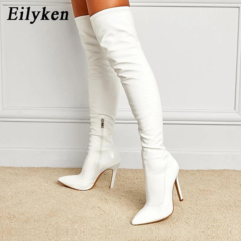 Eilyken Sexy Patent Leather Over The Knee Boots Fashion Pointed Toe Zip Women Nightclub Party Stiletto Heels Long Booties Shoes