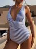 2025 Полосатый цельный купальник сексуальный купальник женский V-образный вырез купальный костюм женский летний пляжный боди
