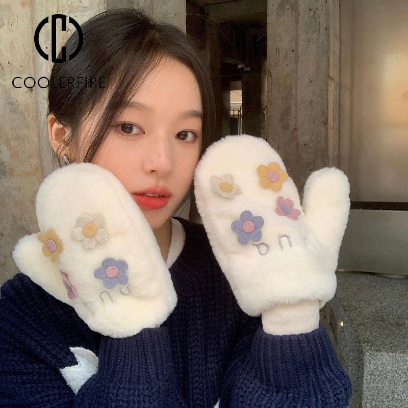Осенне-зимние женские перчатки, модные милые плюшевые перчатки с героями мультфильмов, утепленные перчатки на все пальцы, морозостойкие, теплые, велосипедные, одноцветные, ST2201