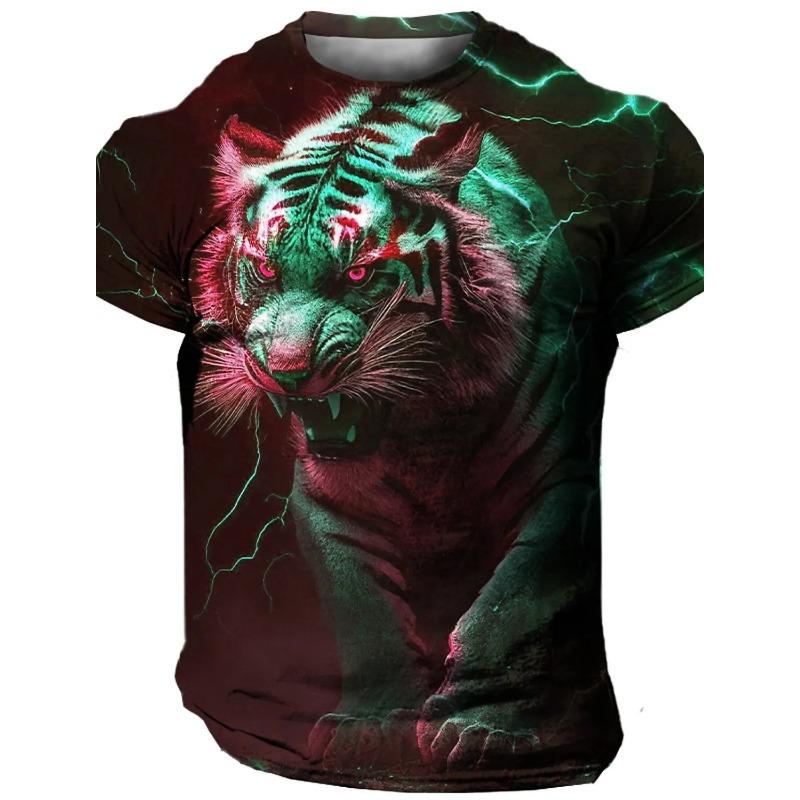 Мужская футболка с 3D принтом тигра, летняя футболка в стиле Харадзюку, с круглым вырезом, молнией, леопардовым узором, топ с короткими рукавами, одежда оверсайз