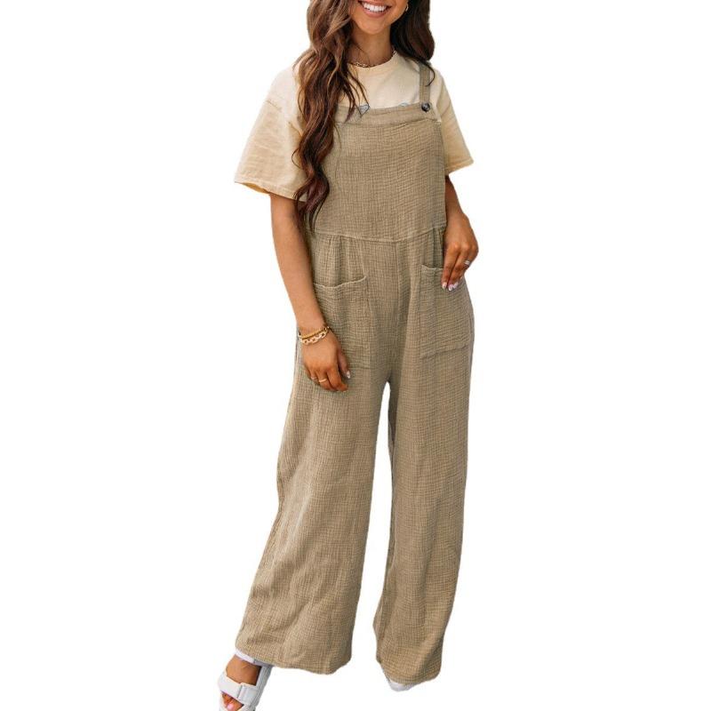 Summer Women's Jumpsuit Casual Solid Color Pocket Square Neck Loose Straps Jumpsuit Backpacking Pants