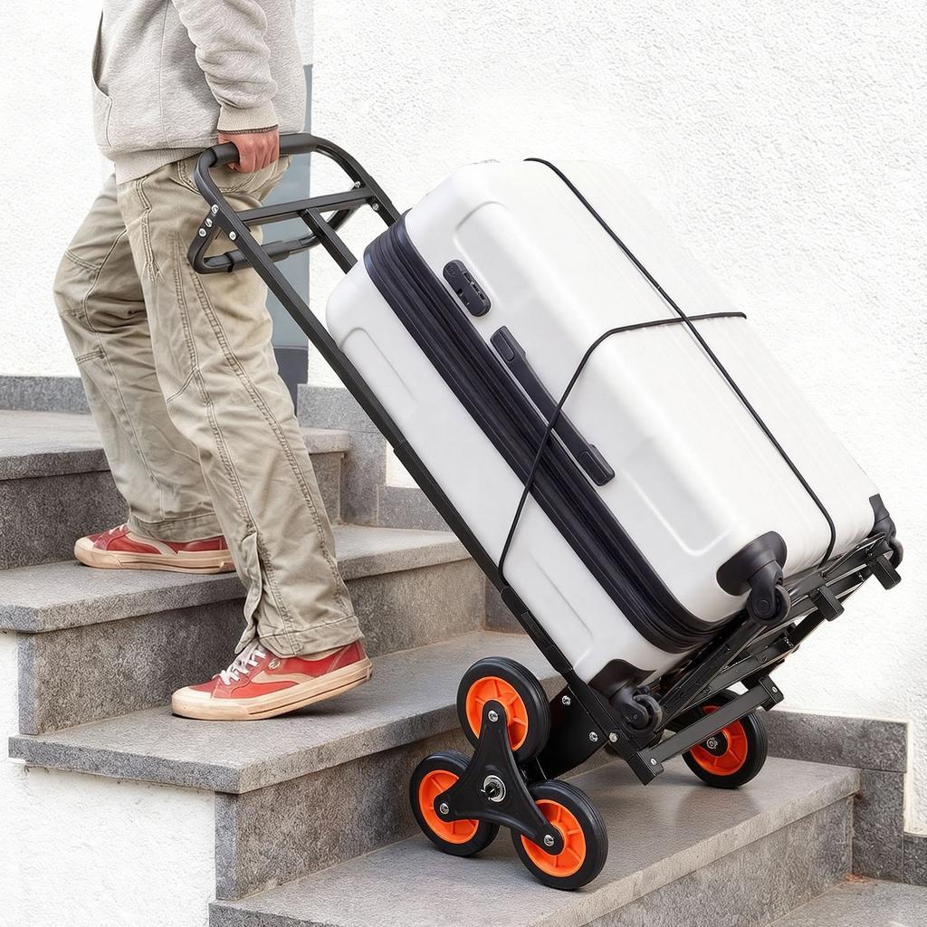 Stair Climbing Cart, 100 kg Stair-Climbing Capacity, Heavy-Duty Folding Trolley Cart with Telescoping Handle, 6 Wheels and 2 Bungee Cords, Stair