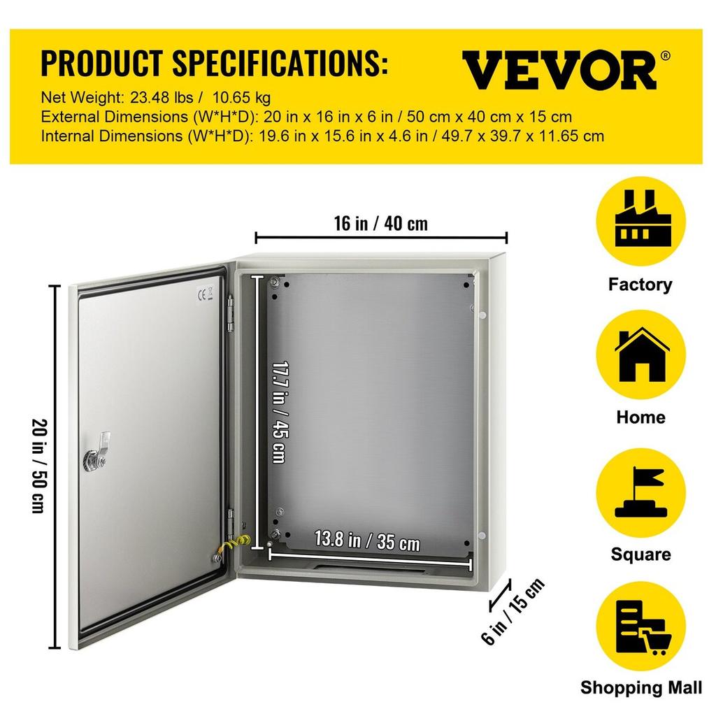 NEMA Steel Enclosure, 20 x 16 x 6\'\' NEMA 4X Steel Electrical Box, IP66 Waterproof & Dustproof, Outdoor/Indoor Electrical Junction Box, with Mounting