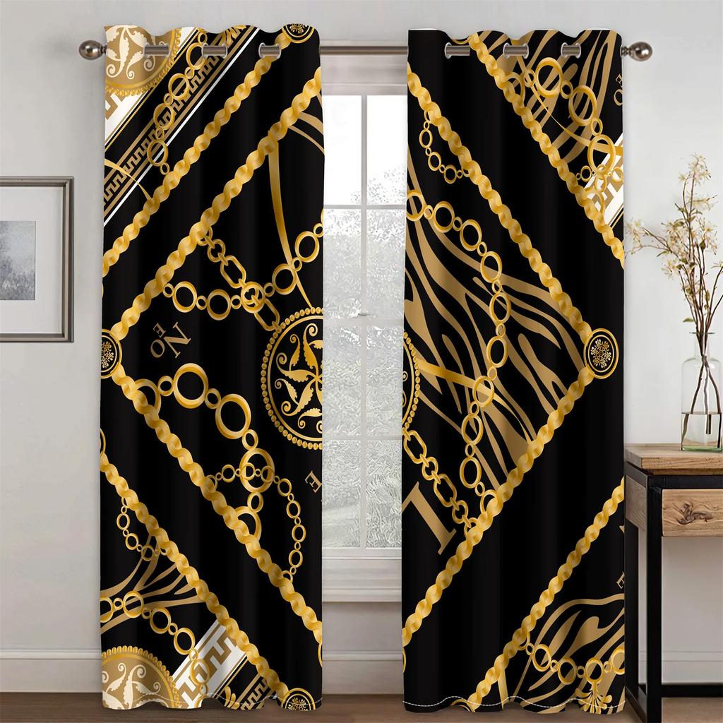2Panels Luxe Living Curtain Black Gold Curtain Abstract Pattern Printed Curtain for Bedroom Living Room Kitchen Window  Rideau