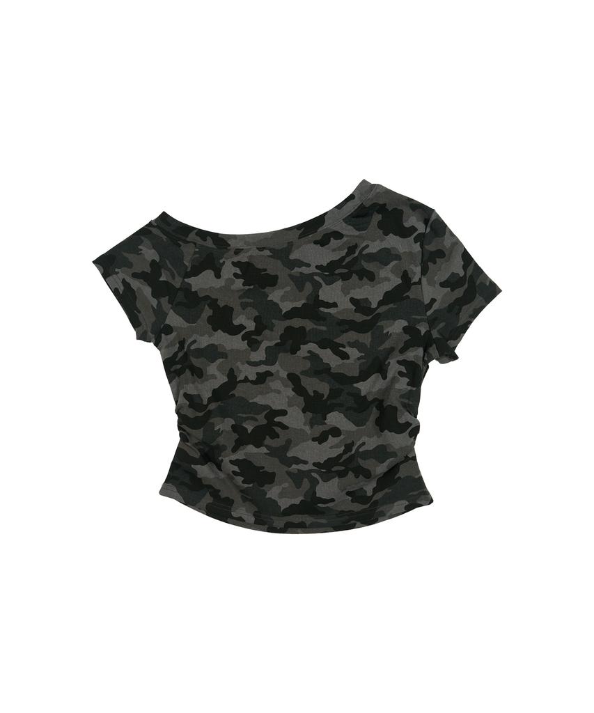 CREAM SODA LAB Camo Side Shirring One-Shoulder Crop Short Sleeve T-Shirt Gray