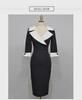 Женское весеннее платье с воротником из черного и белого сплайсированного три четверти рукава утягивающее талию