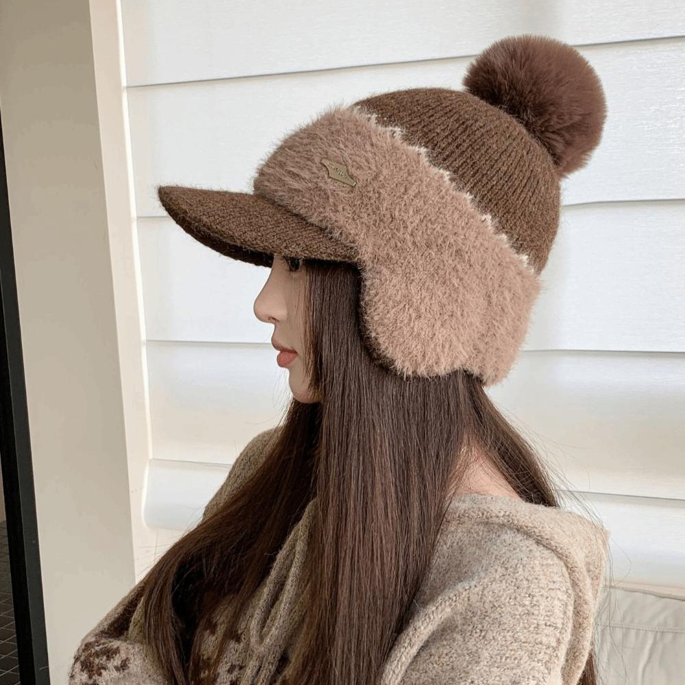 Ear Protection Winter Knitted Hat Pom Pom Warm Baseball Hat Cozy Thick Plush Hat Outdoor Sports