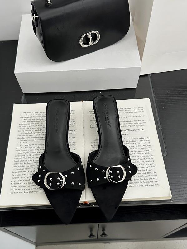 Мода Тонкий Каблук Бежевые Босоножки на Каблуке Заклепка Женская Обувь Шлепанцы Повседневный Острый Носок Низкие Слайды Черный 2025 Роскошный Плоский Высокий Мягкий Микро