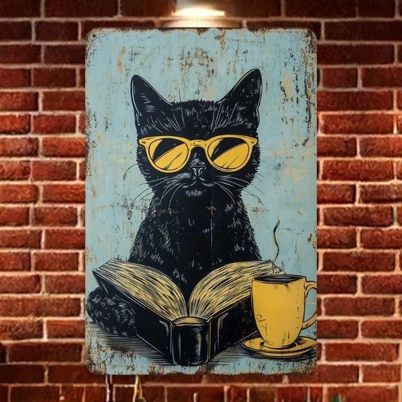 Винтажная кошка в очках Книга Металлический плакат Настенное искусство для дома Кафе Бара Гаража