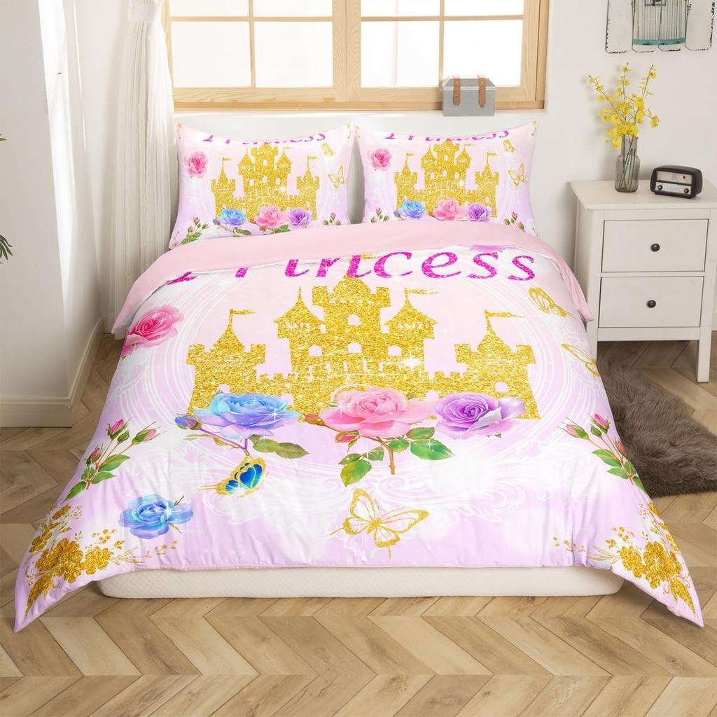 Fairy Tale Castle Bedding Set Twin QueenGirly Golden Castle Silhouette Duvet CoverBlooming Flowers Botanical Comforter Cover