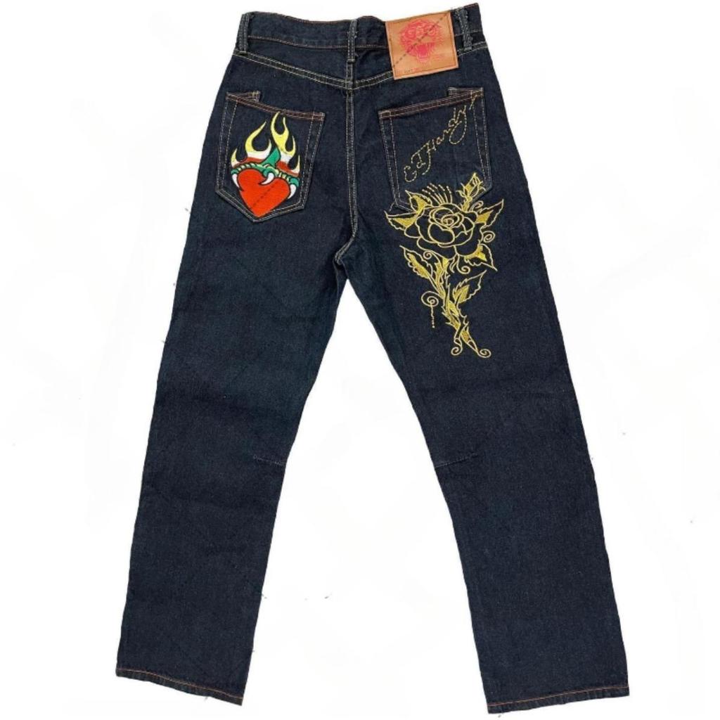 Мужские джинсы Ed Hardy с высокой посадкой, уличного стиля, с вышитой графикой и ретро хип-хоп дизайном