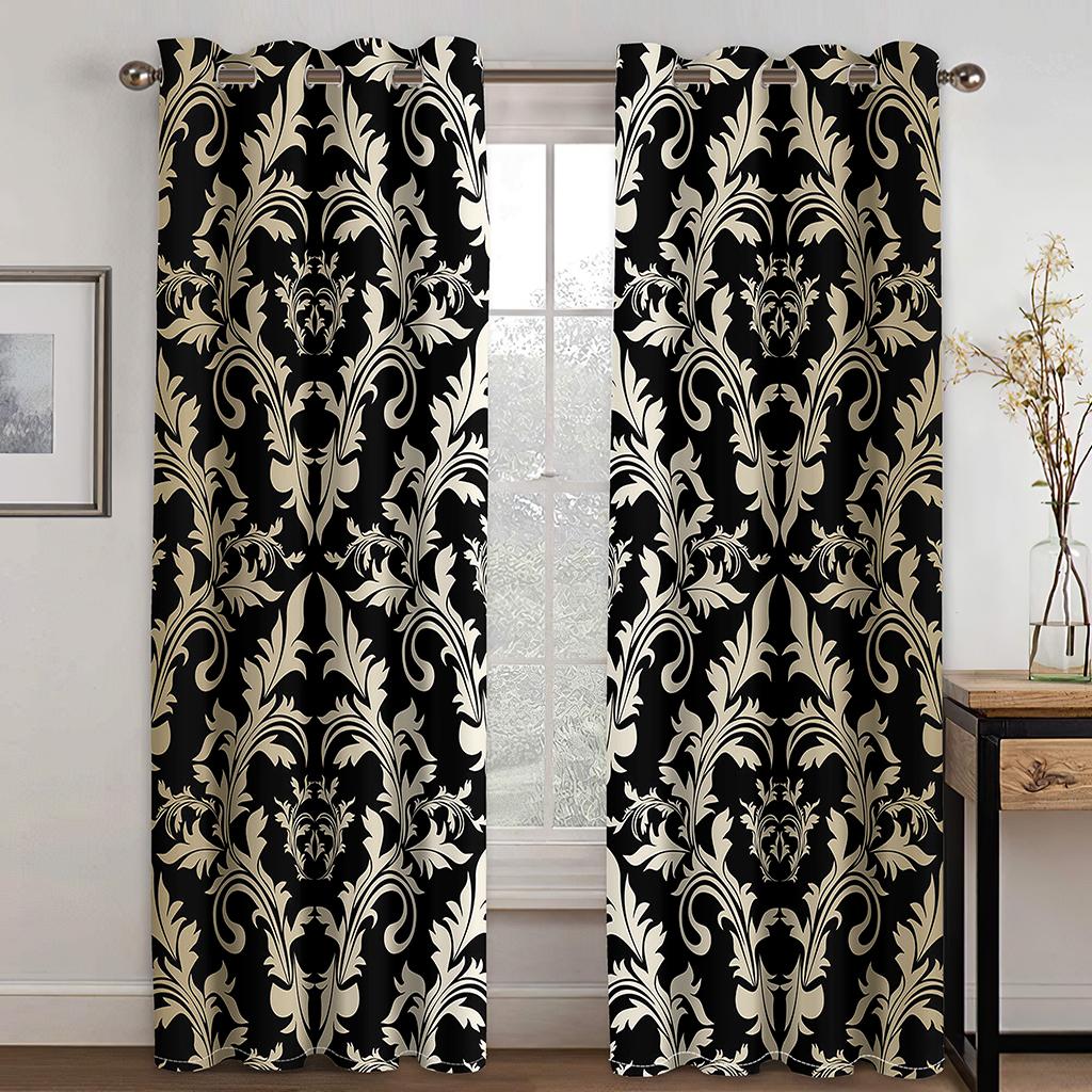 High-quality Luxury Brand Black Pattern 3D Printed Thick Shading Curtain Bedroom Living Room Hotel Window 2 Pieces Free Hooks