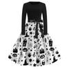 Women's Casual Vintage Halloween Print Dress Round Neck Long Sleeve Fit and Flare Retro Style Midi Dress with Waist Tie