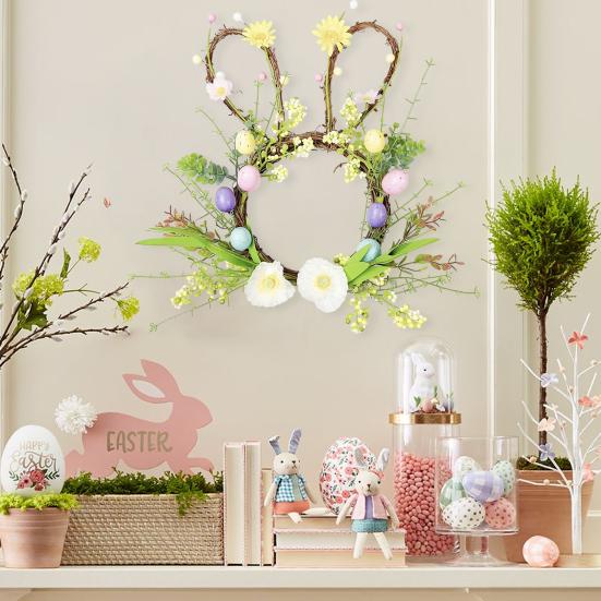 Пасхальный венок в форме маленького кролика, плетеный из ротанга, с пастельными яйцами и цветами для входной двери, для дома, для окна, на стену, весенний декор