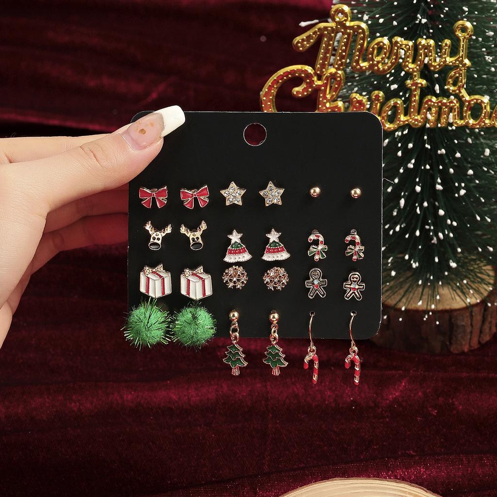 Christmas Stud Earrings Combination New Cartoon Holiday Alloy Dripping Elk Old Man Bell Earrings Set