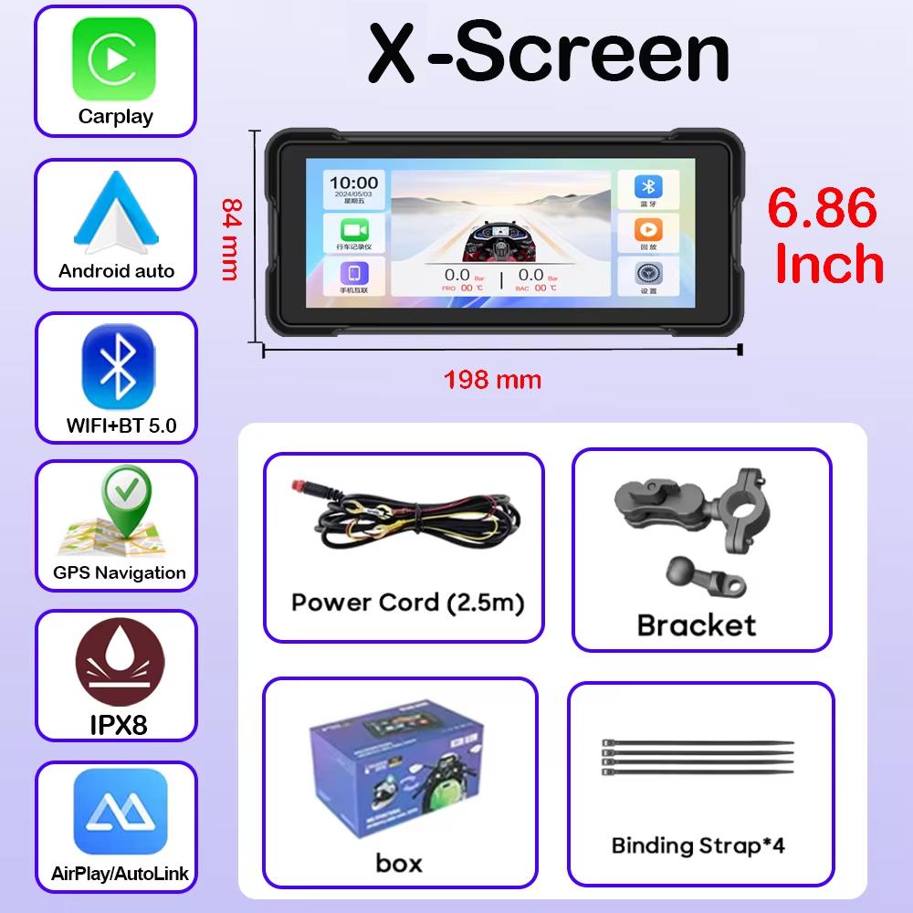 Портативная GPS-навигация 6,86 дюйма, мотоциклетный водонепроницаемый дисплей, Moto Wireless Carplay Android Auto, двойной DVR-монитор, видеорегистратор