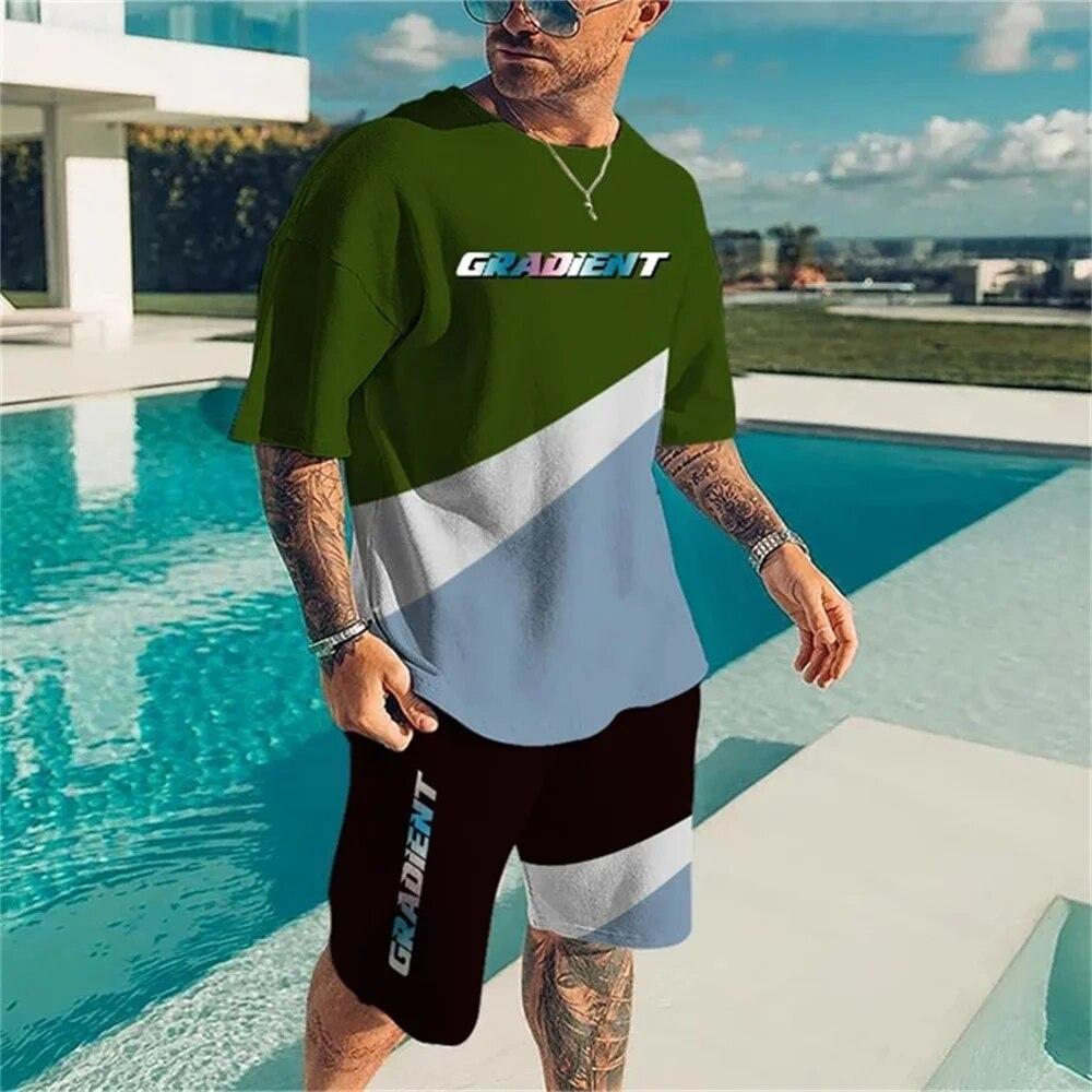 Summer New Men's Sportswear Patchwork Color Printing O-Neck T-Shirt 2-Piece Set Fashion Oversized Men's Tracksuits Casual Clothe