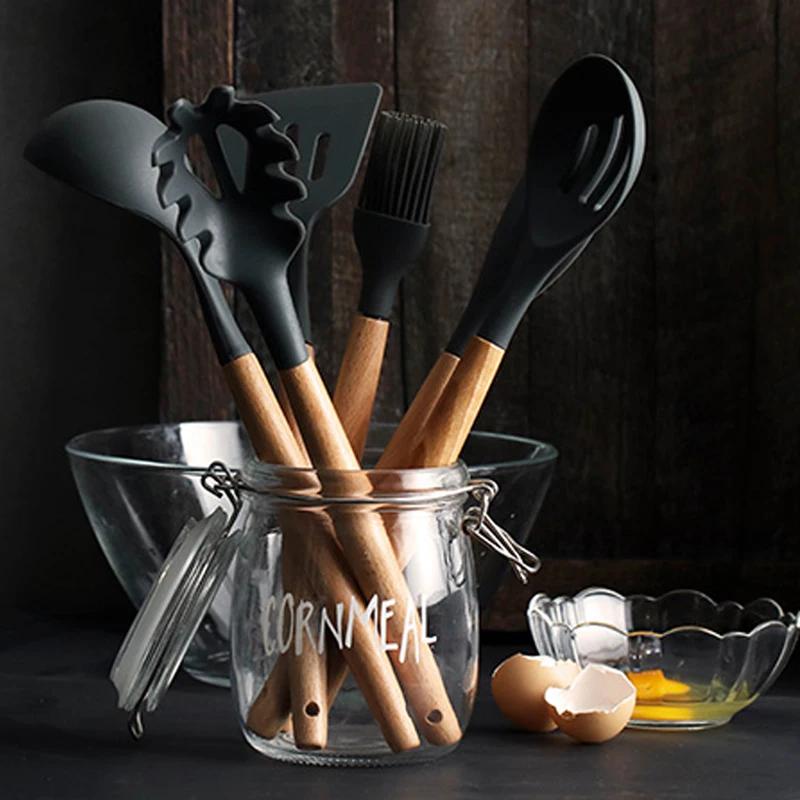 Silicone Cooking Utensils Set 8 Piece Cooking Tools Set Wood Handle Silicone Spatula Scraper Turner Soup Spoon Ladle Cookware