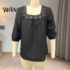 Skin-friendly Fabric Shirt Women Square Collar 3/4 Sleeve Pure Color Casual Loose Fit Tops Blouse Lace Splicing Summer Breathable